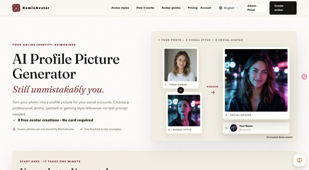 Hero section announcing 'AI Profile Picture Generator' with left-side text and right-side mockup of profile avatars panel.