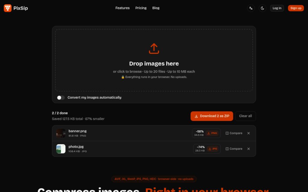 Dark PixS ip upload page: dashed rounded upload area with orange upload icon and 'Drop images here' text, header and nav visible in black UI.
