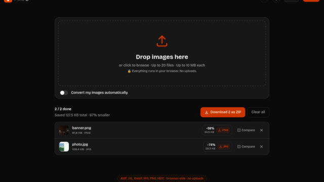 Dark PixS ip upload page: dashed rounded upload area with orange upload icon and 'Drop images here' text, header and nav visible in black UI.