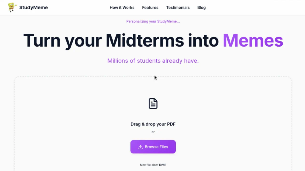 Hero section inviting users to turn midterms into memes with a drag-and-drop PDF uploader on StudyMeme's landing page.