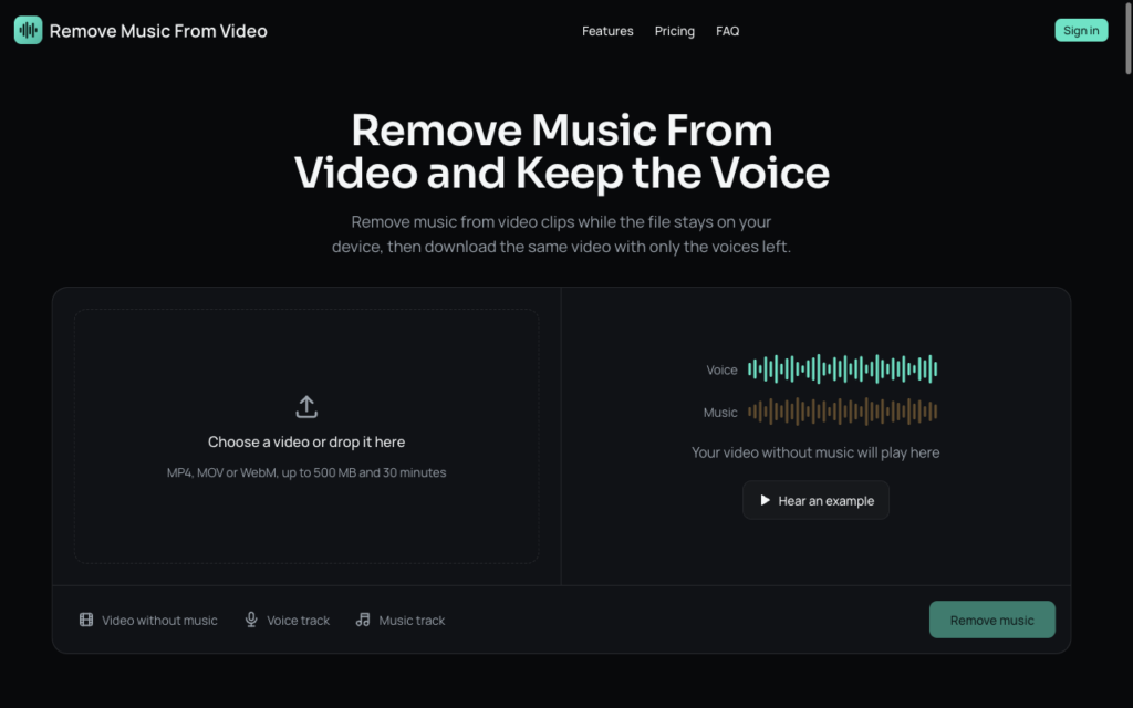 Hero section of a dark site with the title 'Remove Music From Video And Keep the Voice' and a subtitle; a two-panel uploader is shown—drag-and-drop area on the left and a waveform block on the right—with a 'Remove music' button at the bottom right.