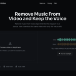 Hero section of a dark site with the title 'Remove Music From Video And Keep the Voice' and a subtitle; a two-panel uploader is shown—drag-and-drop area on the left and a waveform block on the right—with a 'Remove music' button at the bottom right.