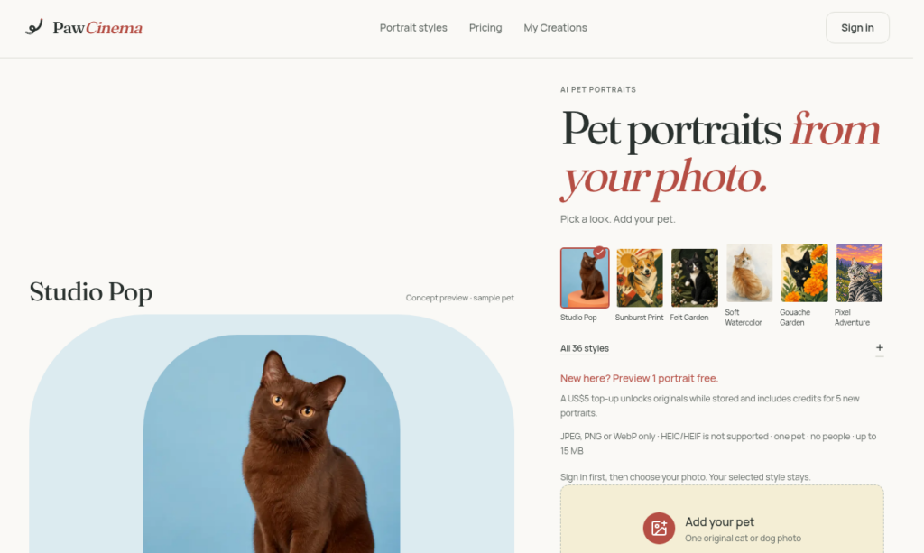 PawCinema hero: 'Pet portraits from your photo' with a large cat portrait on the left and style thumbnails on the right.
