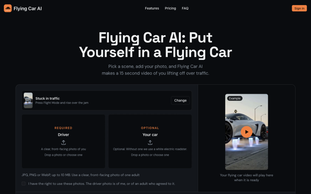 Dark Flying Car AI landing page hero with bold title 'Put Yourself in a Flying Car' and a right-side video placeholder panel.