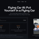 Dark Flying Car AI landing page hero with bold title 'Put Yourself in a Flying Car' and a right-side video placeholder panel.