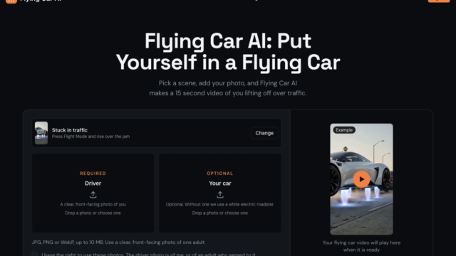 Dark Flying Car AI landing page hero with bold title 'Put Yourself in a Flying Car' and a right-side video placeholder panel.