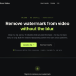 Hero banner for 'Remove watermark from video' site: dark background, bold white headline 'Remove watermark from video' and lime-green 'without the blur' subtext, with 'Upload a clip' and 'See how it works' CTAs.
