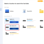 MyRecover UI to select a location to search for lost data, showing Desktop, Recycle Bin, and a folder option with drive partitions listed below.