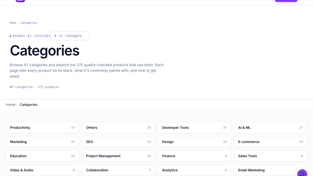 Web page showing a 'Categories' section with a grid of rounded category cards (Productivity, Others, Developer Tools, AI & ML, Marketing, SEO, etc.) and breadcrumb navigation at top of SitePatent.