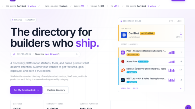 SitePatent homepage hero with a bold left headline about builders who ship and a right sidebar titled 'Directory Pulse' listing top movers and recent launches.