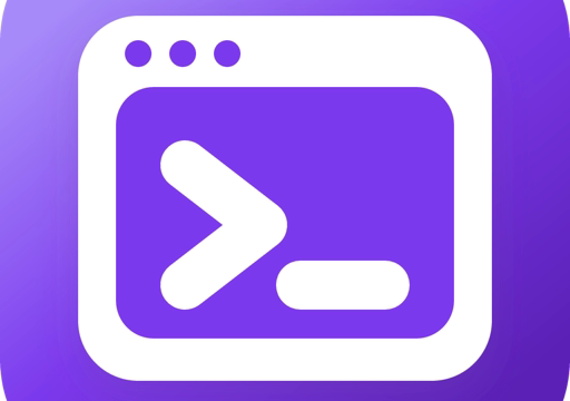 Purple gradient app icon with a white rounded window and a purple inner panel showing a white greater‑than symbol, representing a terminal/command‑line tool