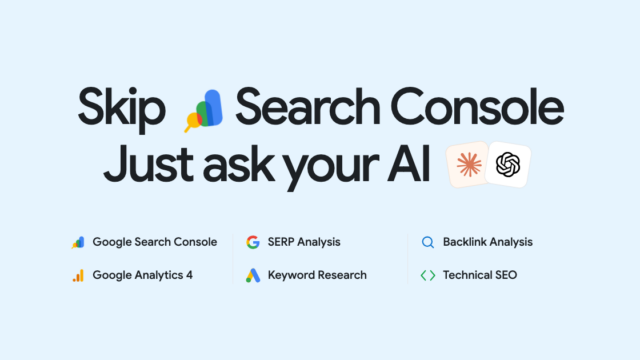 Hero banner for Skip Search Console: 'Just ask your AI' with six feature items (Google Search Console, SERP Analysis, Backlink Analysis, Google Analytics 4, Keyword Research, Technical SEO).