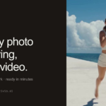 Split hero: left dark panel with Stivio logo and the headline 'Turn any photo into a living, moving video,' right side shows a woman running on a sunny beach, promoting the product.