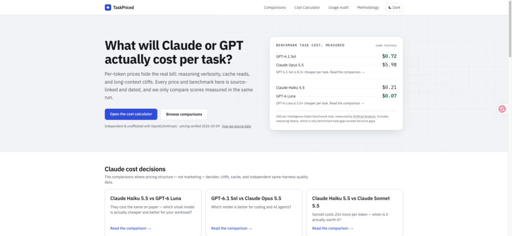 Hero section with the headline 'What will Claude or GPT actually cost per task?' and a descriptive paragraph, plus two CTA buttons and a floating cost-compare card on the right.