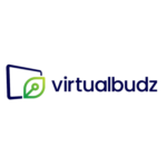 Logo for Virtualbudz: a blue framed square with a green leaf and pen nib, next to the blue word 'virtualbudz'.