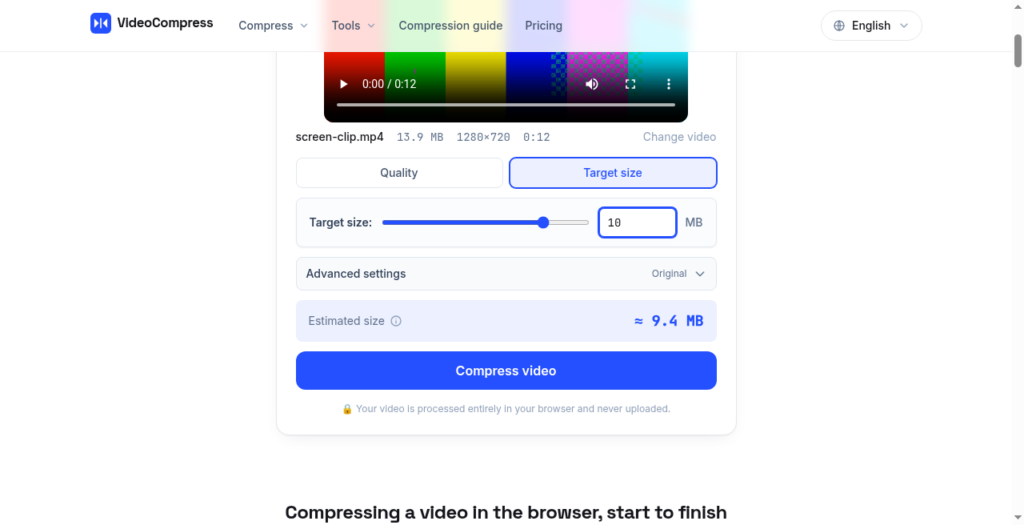 In-browser VideoCompress tool UI showing target size 10 MB and a blue 'Compress video' button under an adjustable slider.
