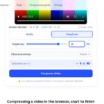 In-browser VideoCompress tool UI showing target size 10 MB and a blue 'Compress video' button under an adjustable slider.
