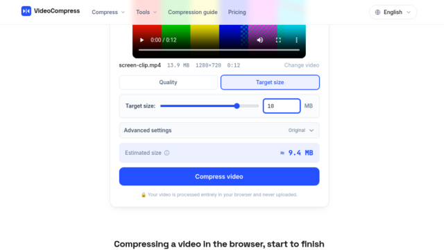In-browser VideoCompress tool UI showing target size 10 MB and a blue 'Compress video' button under an adjustable slider.
