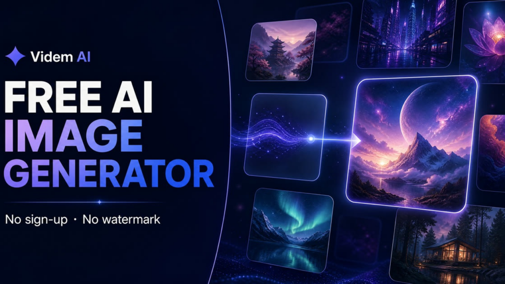 Promotional banner for Videm AI offering a free AI image generator, with glowing floating image tiles of landscapes and lights in a dark blue background.