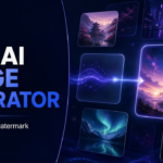 Promotional banner for Videm AI offering a free AI image generator, with glowing floating image tiles of landscapes and lights in a dark blue background.