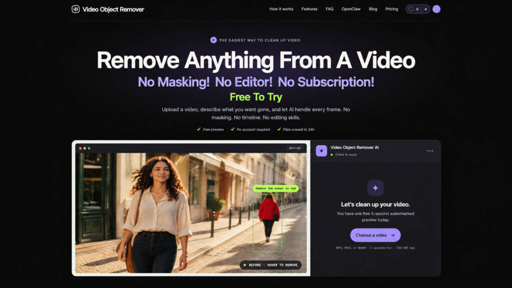 Dark hero banner for Video Object Remover with large white headline 'Remove Anything From A Video' and 'Free To Try' subtitle on a black background.