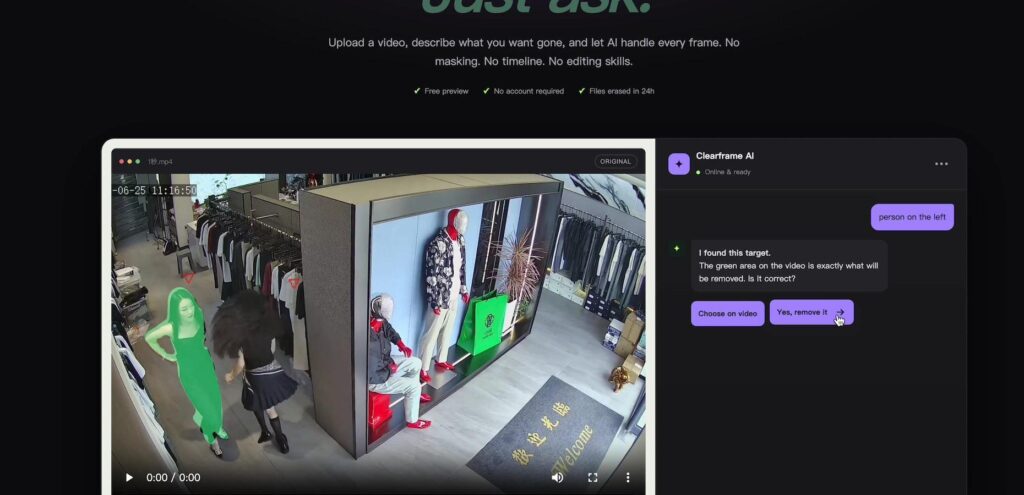 Security camera footage inside a clothing store showing customers near racks and a mannequin display; a person on the left is highlighted in green by the system.