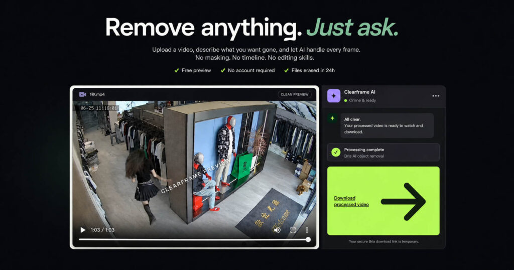 Hero banner: 'Remove anything. Just ask.' with subtitle about uploading a video for AI removal of elements frame by frame.