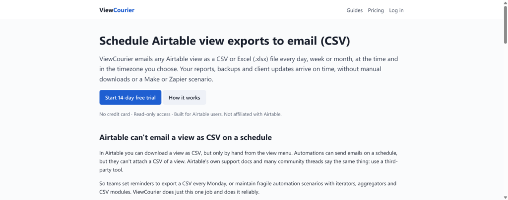 Hero section: Schedule Airtable view exports to email (CSV) with description and two CTAs—'Start 14-day free trial' and 'How it works' on ViewCourier's page.