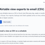 Hero section: Schedule Airtable view exports to email (CSV) with description and two CTAs—'Start 14-day free trial' and 'How it works' on ViewCourier's page.