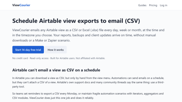 Hero section: Schedule Airtable view exports to email (CSV) with description and two CTAs—'Start 14-day free trial' and 'How it works' on ViewCourier's page.