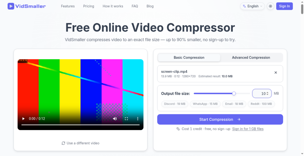 VidSmaller homepage showing a video compressor UI with a colorful video preview on the left and compression options on the right.