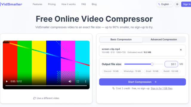 VidSmaller homepage showing a video compressor UI with a colorful video preview on the left and compression options on the right.