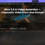 Hero header for Wan 3.0 AI Video Generator: large white title over a dark, blurred background with navigation bar and a rounded input panel for generating video prompts.