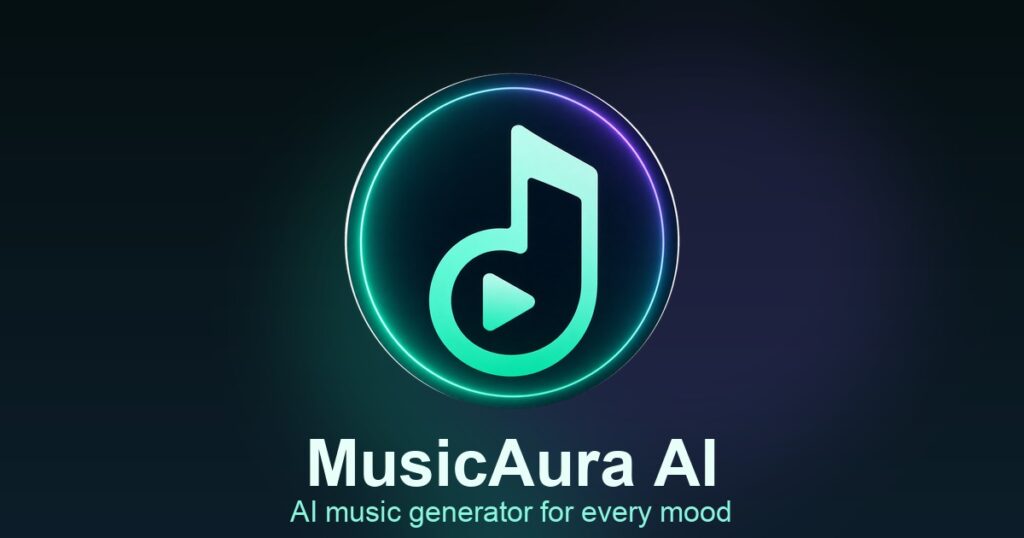 MusicAura AI logo with the tagline 'AI music generator for every mood' in teal and blue neon on a dark gradient background